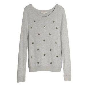 ANN TAYLOR LOFT 10% SILK RHINESTONE JEWELED GREY SWEATER, SIZE XS